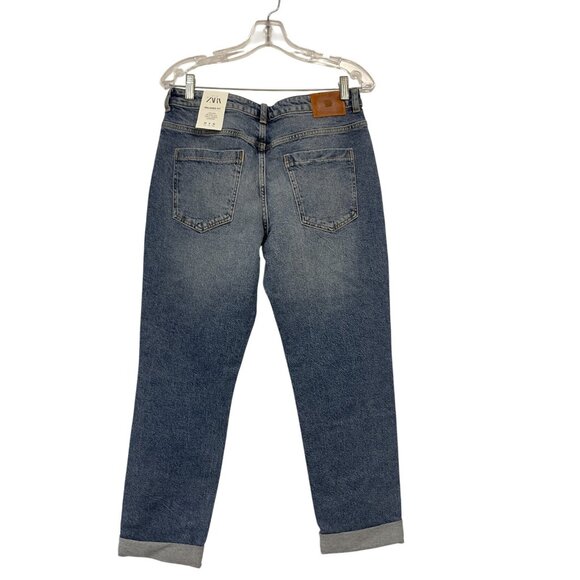 Zara Womens Crop Jeans EU 40 US 8 Relaxed Fit Blue Denim Distressed 8228/221 NWT - Picture 2 of 16